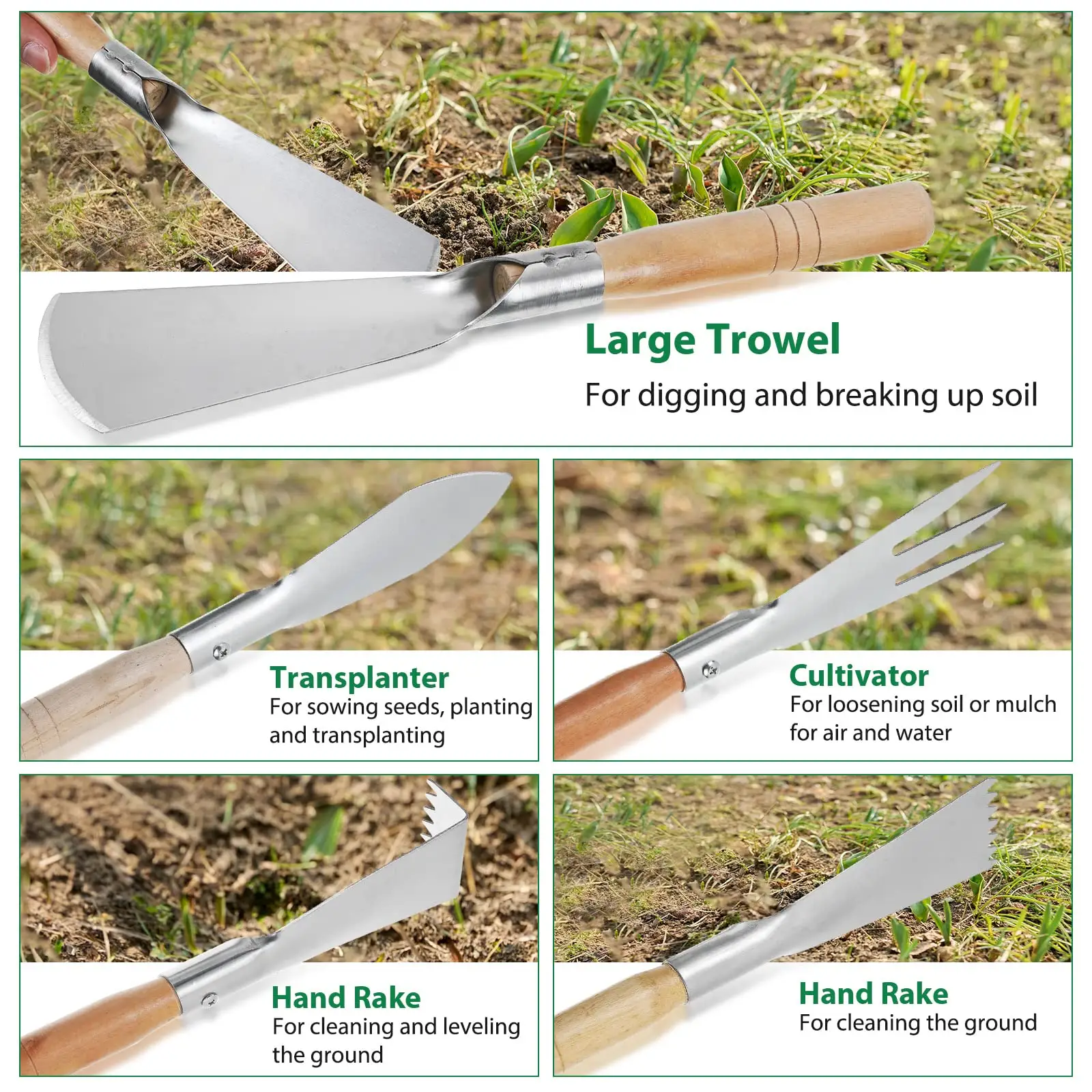 7 Piece Stainless Steel Heavy Duty Gardening Tools Set Wood Handle Gardening Hand Tools kit Garden Tool Set with Bag