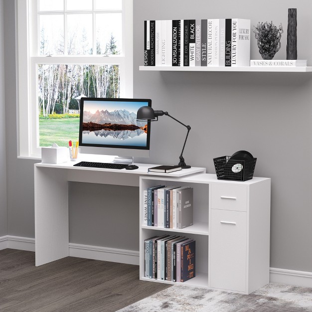 Homcom L shaped Computer Desk Workstation With Rotating Storage Shelves And Drawer