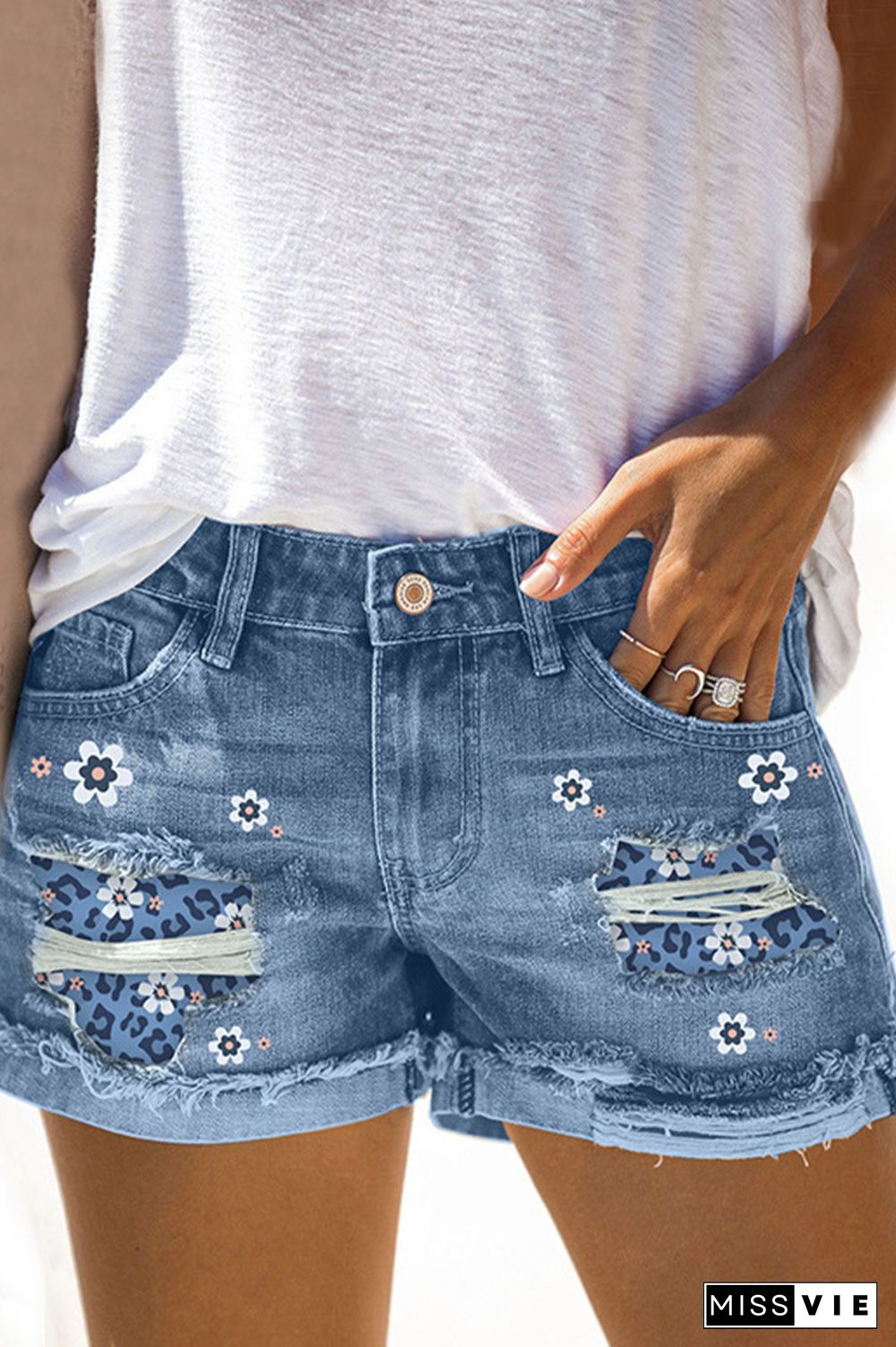 Floral Print Ripped Jean Shorts Wholesale