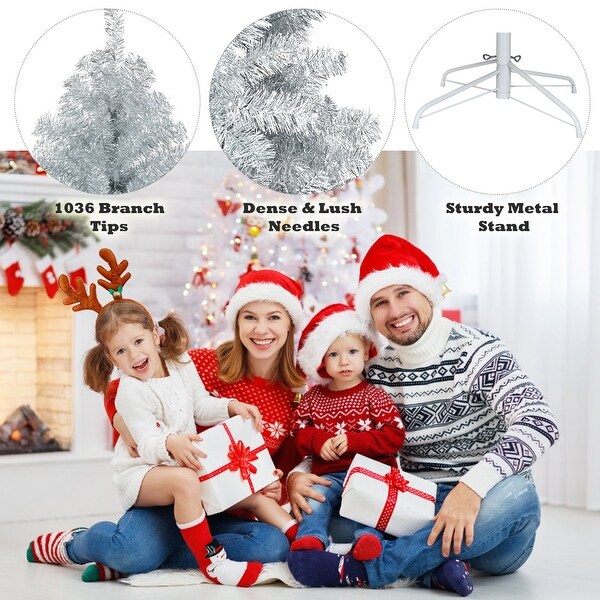 Gymax 6 FT Silver Tinsel Christmas Tree Artificial Hinged Tree Holiday