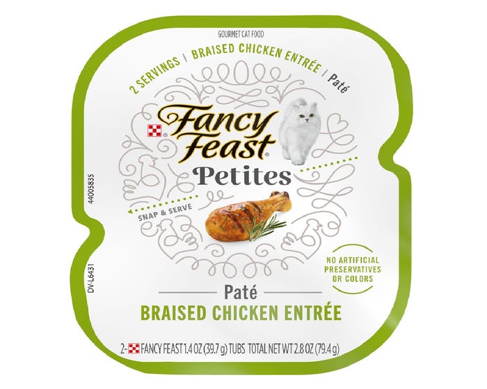 Fancy Feast Petites Braised Chicken Entrée Paté Gourmet Cat Food， 2.8 oz.