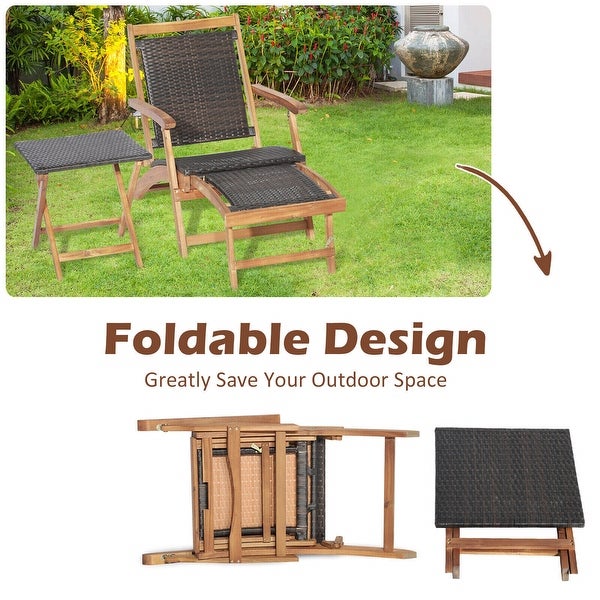 2-Piece Patio Rattan Folding Lounge Chair with Acacia Wood Table