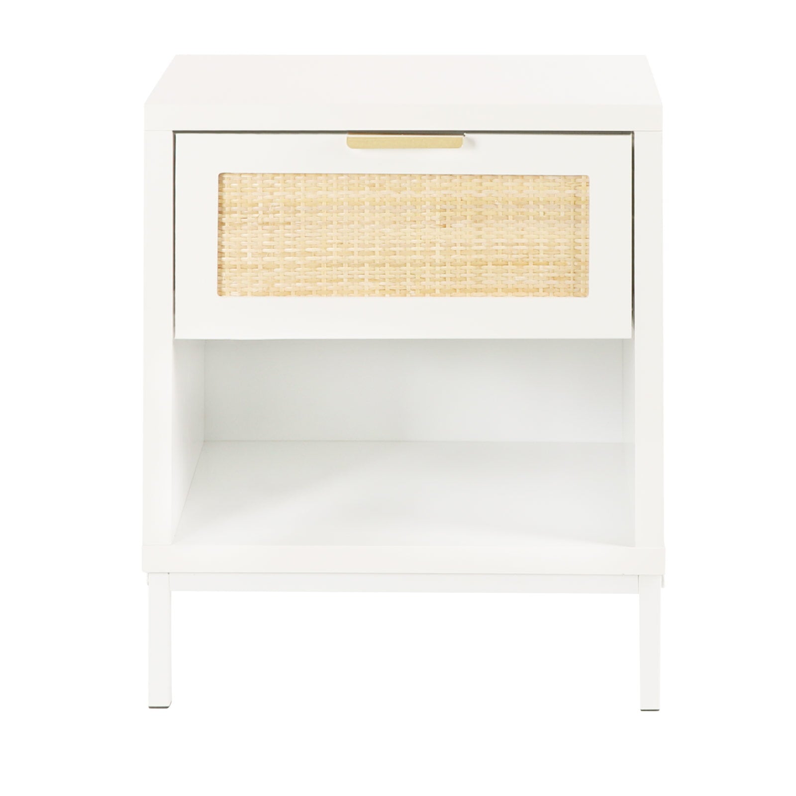 Modern Wood Nightstand with Natural Rattan Drawer, Mid-Century Side Table, White /Gold Bedside End Table Storage Drawer and Shelf for Bedroom Living Room,H0052