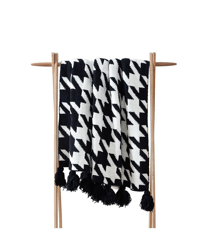 SUNDAY CITIZEN Houndstooth Pom Pom Throw， 52 x 75