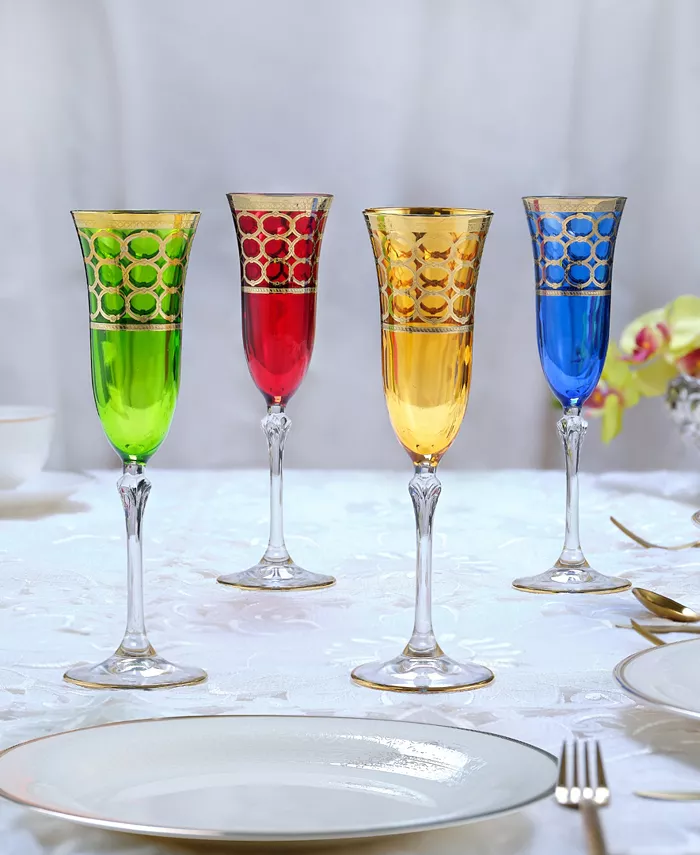 Lorren Home Trends Multicolor Champagne Flutes with Gold-Tone Rings Set of 4