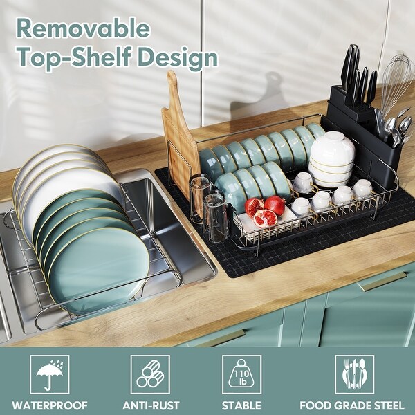 2 Tier Kitchen Stainless Steel Dish Rack with Cutlery Holder and Drainboard