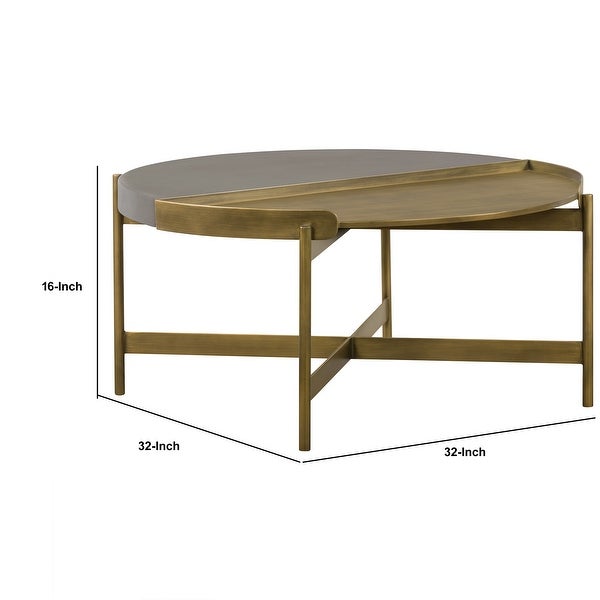 Concrete Coffee Table with X shape Base， Gray and Gold