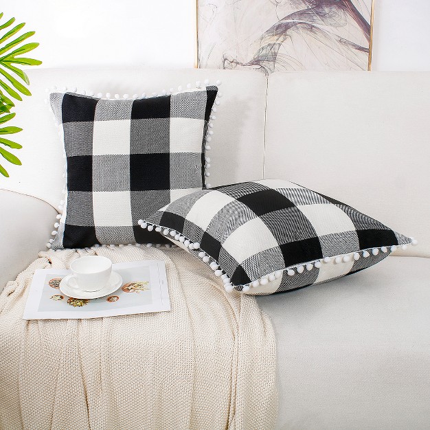 Polyester Buffalo Check Plaid With Pompoms Decorative Pillow Cover Piccocasa