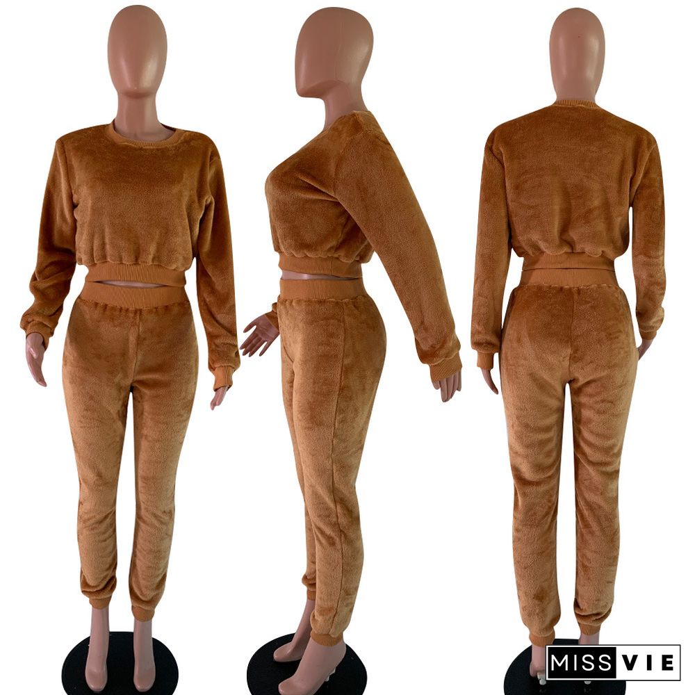 Casual Women Round Collar Long Sleeves Tight Pants 2 Pieces Set