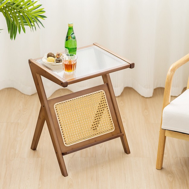 Costway Rattan Side Table Bamboo Accent Bedside Table With Tempered Glass Top Walnut natural