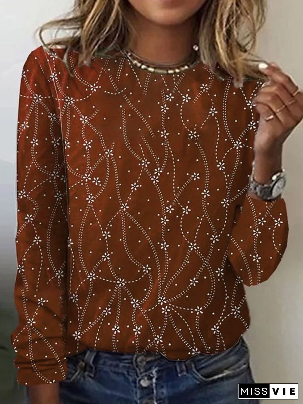 Casual Floral Crew Neck Long Sleeve T-shirt