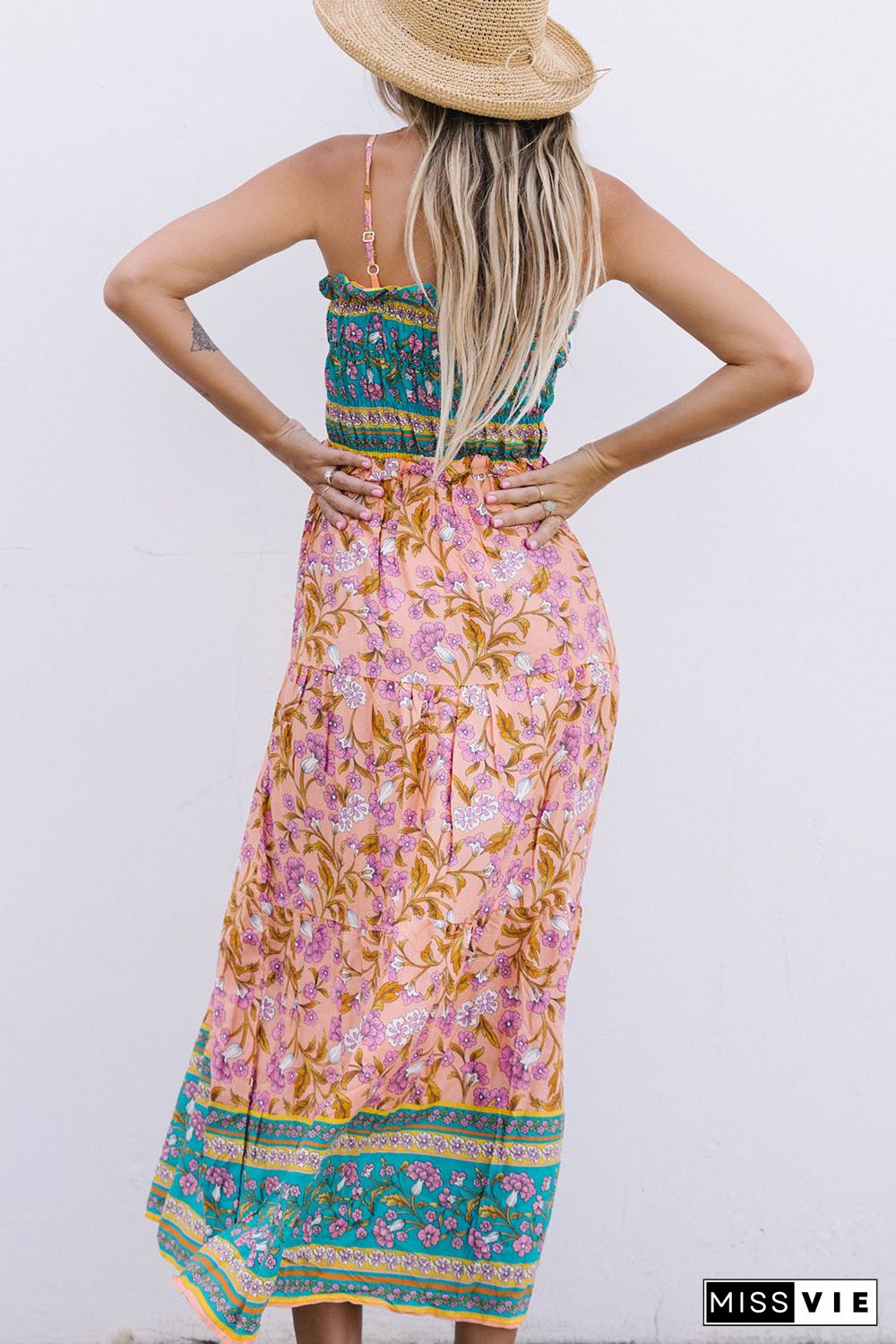 Floral Print Bodice Spaghetti Strap Maxi Dress