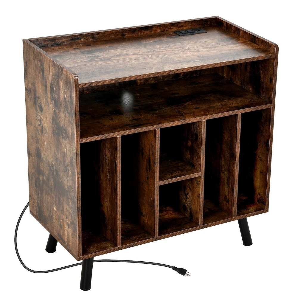 Moasis Record Player Stand with Power Outlets and LED Lights for Living Room Bedroom