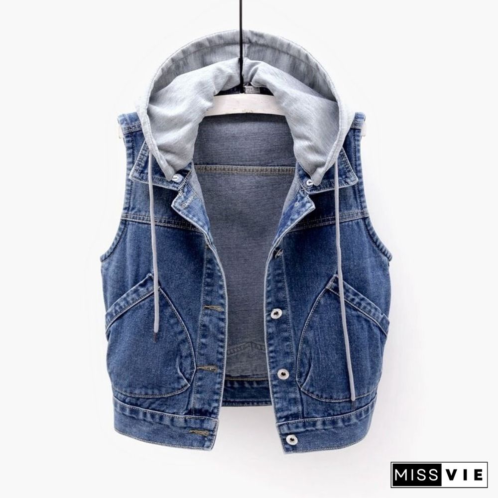 Jacket women Women's denim jacket short spring and autumn hooded jacket all-match student jacket Plush denim jacket Parkas