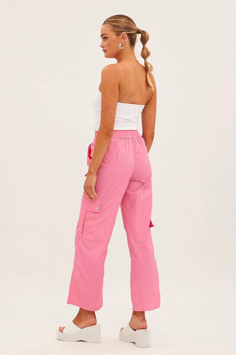 Pink Elastic Waist High Rise Wide Leg Cargo Pants
