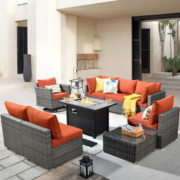 HOOOWOOO 10piece Patio Wicker Furniture Sectional Sofa Set Swivel Rocker with Fire Pit Table