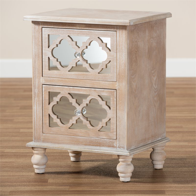 Home Square Mirror 2-Drawer Quatrefoil Nightstand Set in White-Washed (Set of 2)