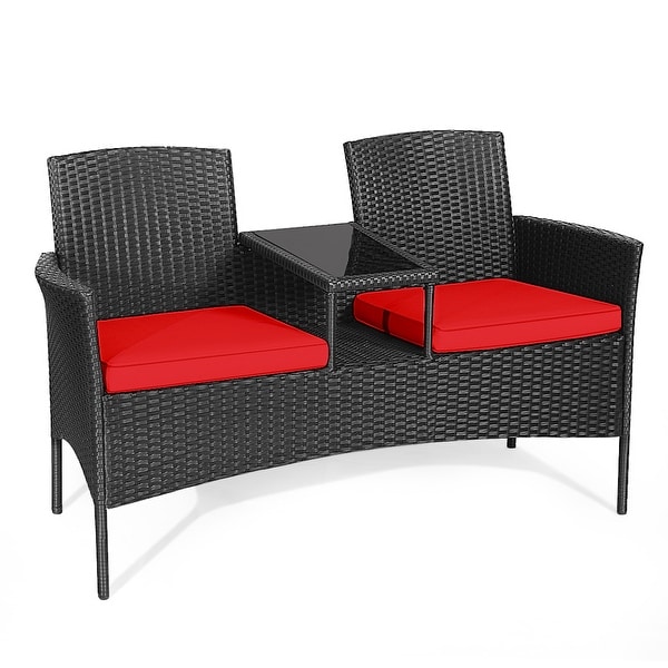 Gymax Rattan Wicker Patio Conversation Set w/ Table Red Cushion