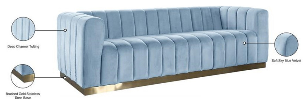 Pemberly Row Contemporary Velvet/Stainless Steel Sofa in Sky Blue/Brushed Gold   Contemporary   Sofas   by Homesquare  Houzz