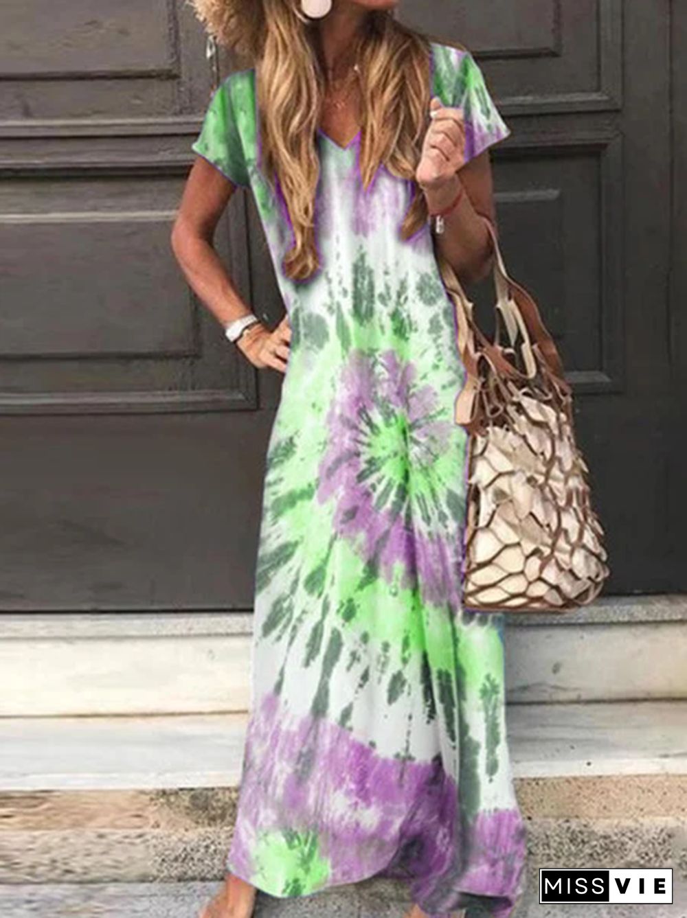 Short Sleeve A-Line Ombre/tie-Dye Dresses