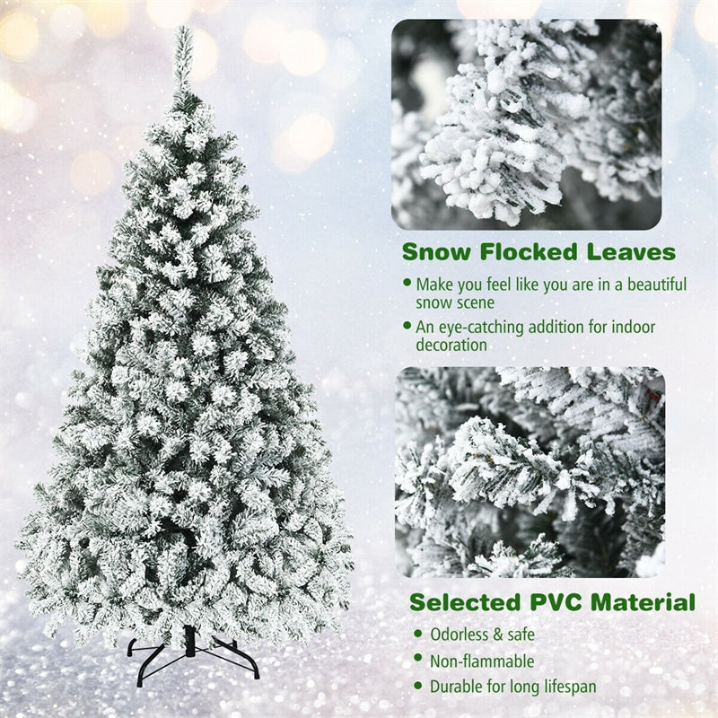 6/7.5/9FT Pre-Lit Hinged Artificial Christmas Tree, Premium PVC Snow Flocked Pine Tree with Metal Stand