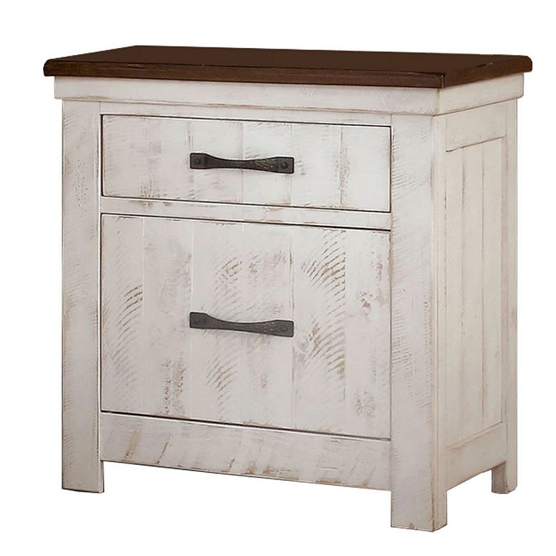 Nightstand with Plank Design 2 Drawers and USB Plugs， White and Brown