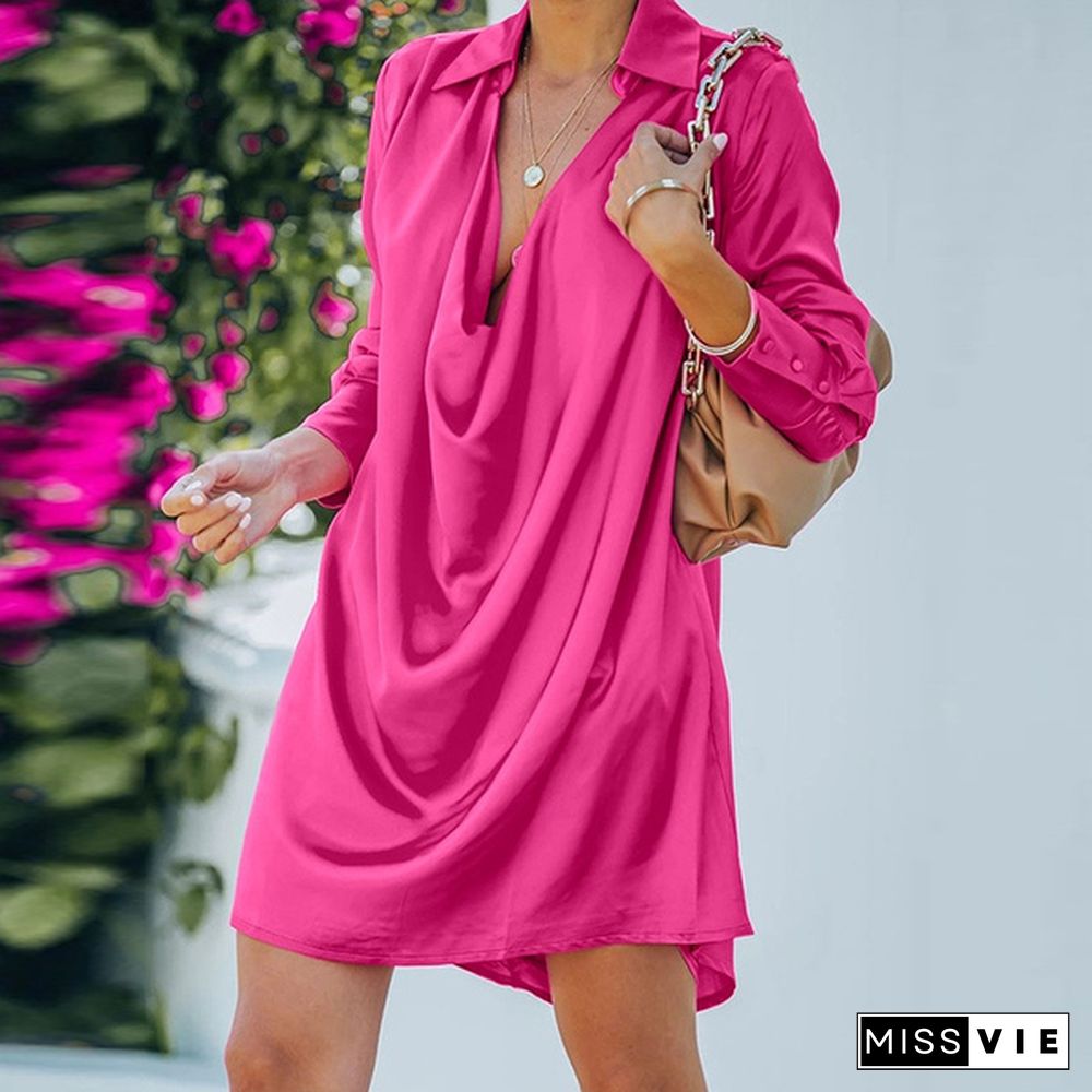 Women Long Sleeve Mini Dress Satin Silk Lapel Cowlneck Party Casual Loose Shirt Dress Plus Size