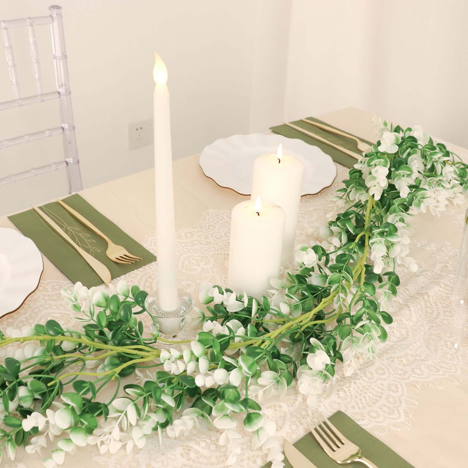 White / Green Artificial Eucalyptus Leaf Table Garland, Real Touch Hanging Greenery Vine 6ft