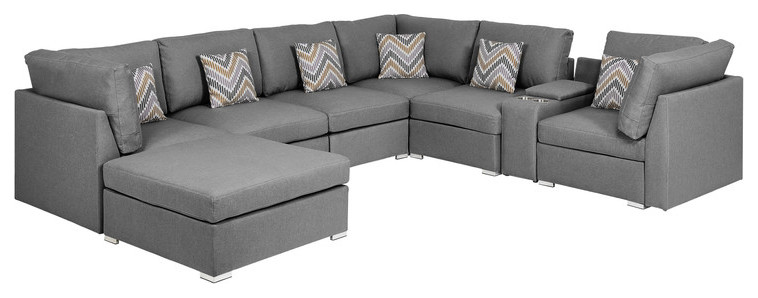 Amira Gray Fabric Reversible Modular Sectional  Usb Console  Ottoman  89825 6   Contemporary   Sectional Sofas   by Timeout PRO  Houzz