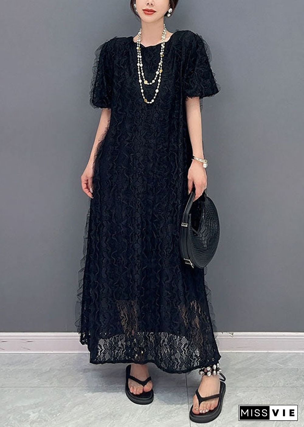 Boutique Black O-Neck Ruffled Patchwork Long Lace Dress Summer