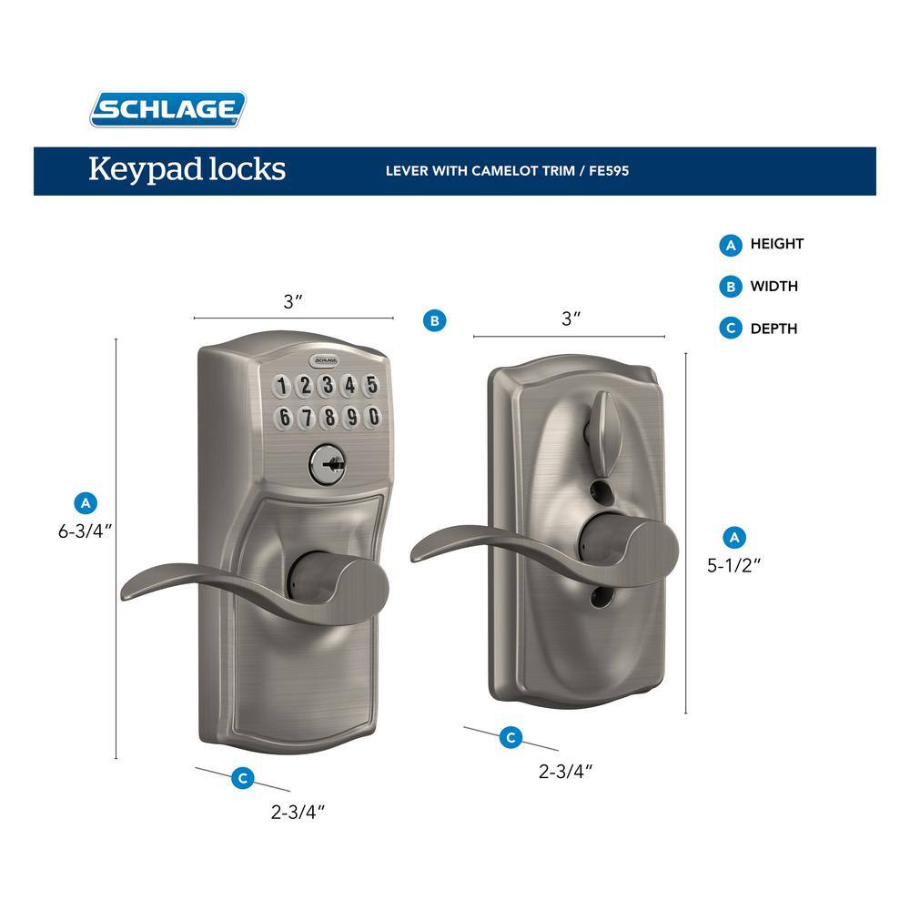 Schlage Camelot Satin Nickel Electronic Keypad Door Lock with Accent Handle and Flex Lock FE595 V CAM 619 ACC