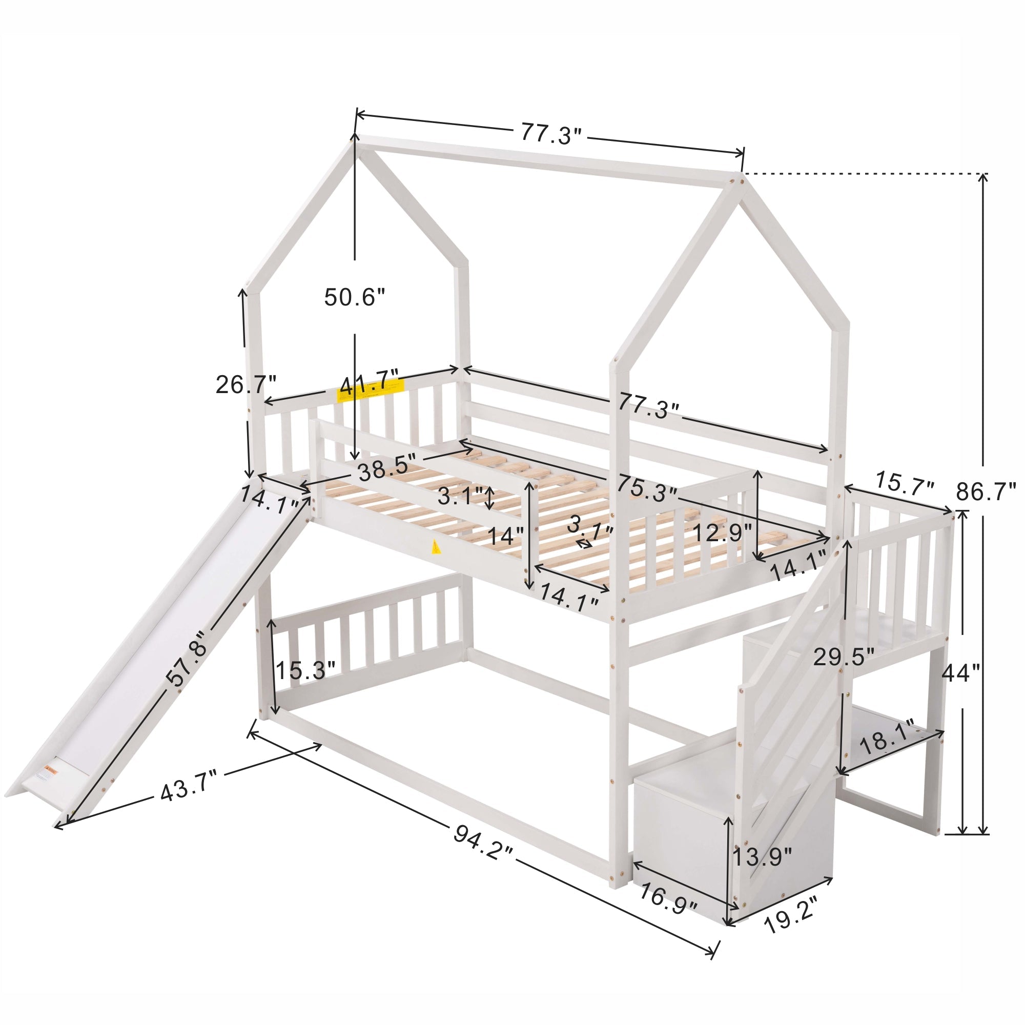 EUROCO Twin over Twin House Bunk Bed with Staircase for Kids for Bedroom, White