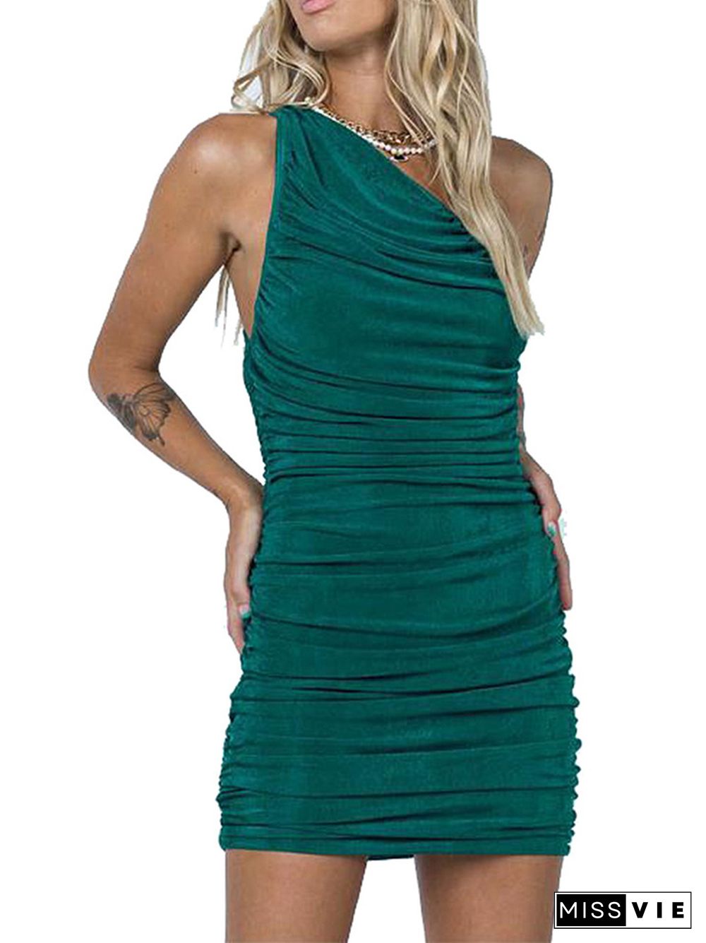 Solid Color Sexy Trend Diagonal Shoulder Pleated Dress Hip Wrap Skirt