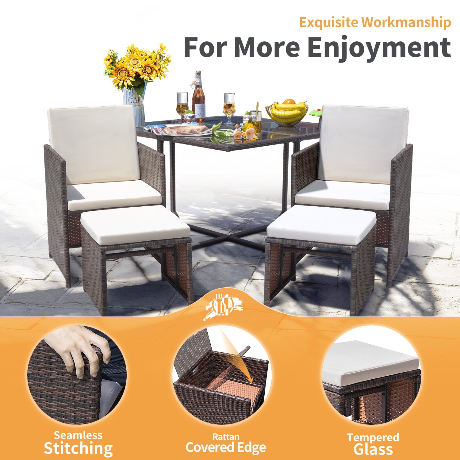 Lacoo 9 Pieces Patio Dining Sets Tempered Glass Table Cushioned Chairs with Ottoman 8 Seating Capacity, Beige