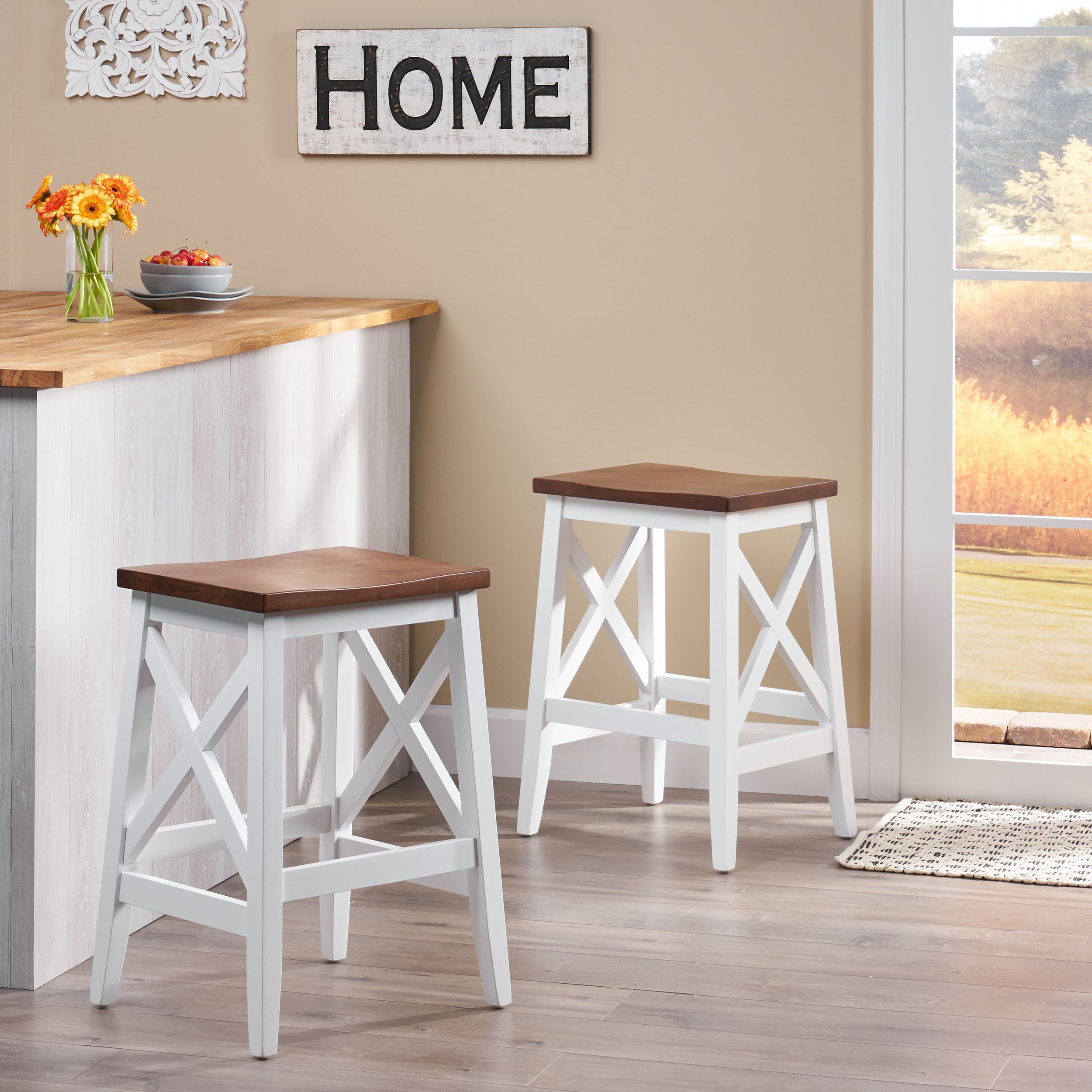 Candice Contemporary Farmhouse Wooden Barstools (Set of 2)