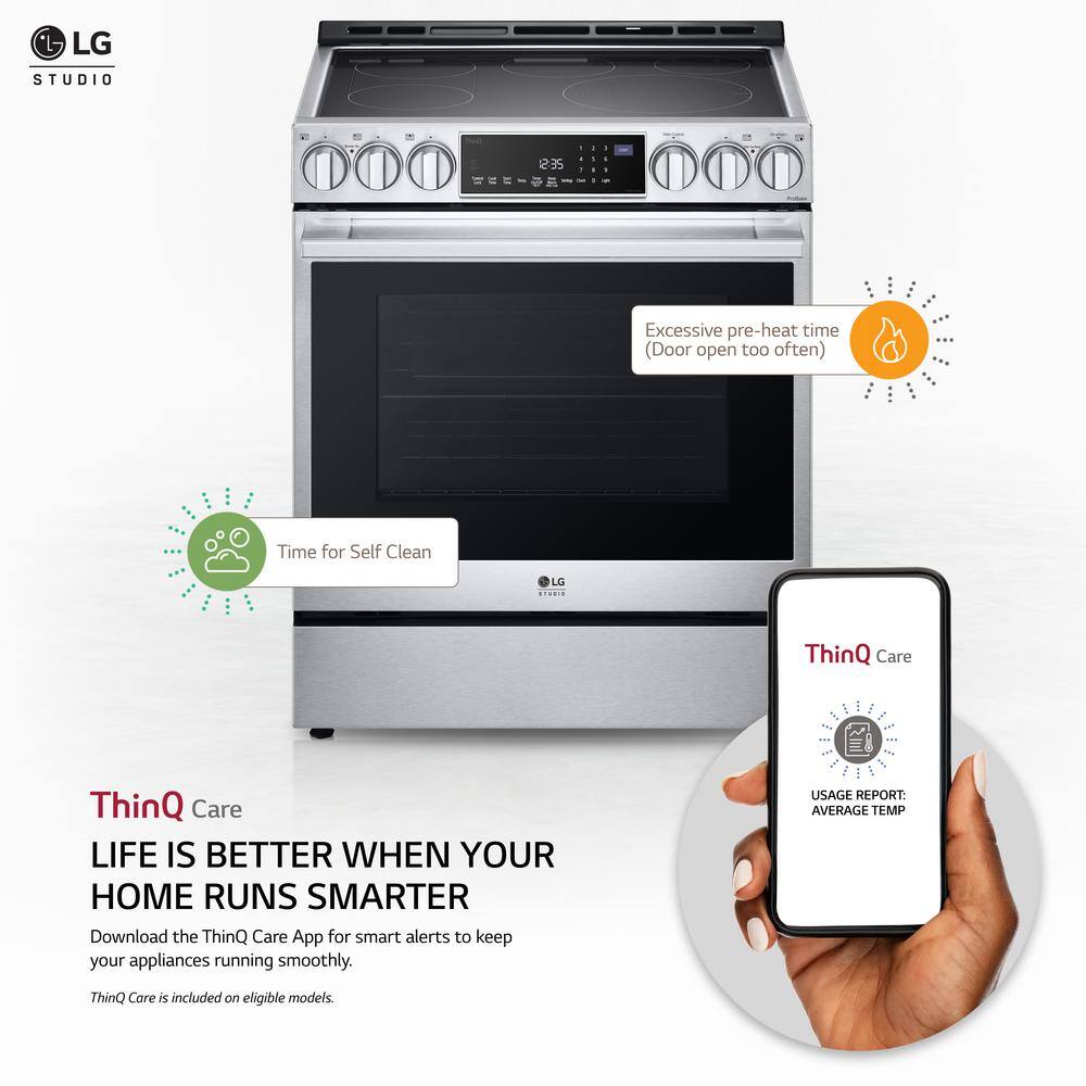 LG STUDIO 30 in. 6.3 cu. ft. Instaview Slide-In Electric Range W ProBake Air Fry Air Sous Vide and EasyClean in Stainless Steel LSES6338F