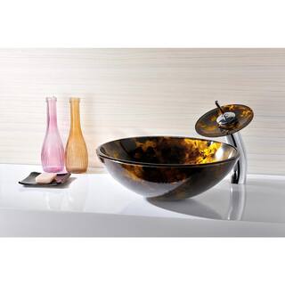 ANZZI Toa Deco-Glass Vessel Sink in Kindled Amber with Matching Chrome Waterfall Faucet LS-AZ8102