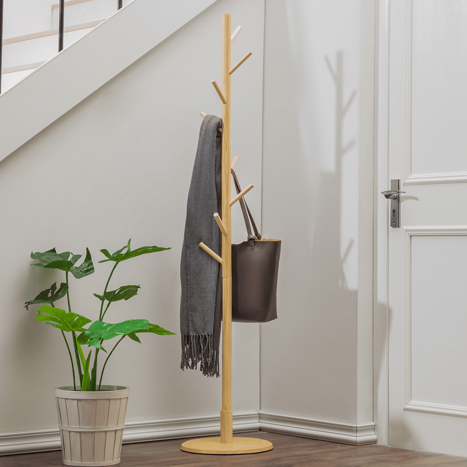 MoNiBloom Wood Adjustable Coat Rack， Modern Free Standing Hat Handbag Storage Stand， Natural， for Entryway