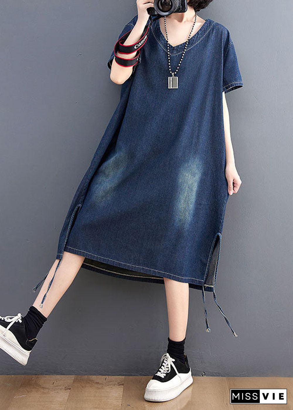 Simple Blue V Neck Patchwork Side Open Denim Dress Summer