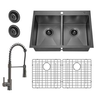 Glacier Bay Gunmetal Black Stainless Steel 33 in. 18 Gauge Double Bowl Dual Mount Kitchen Sink with Black Spring Neck Faucet ACS3322A2T-F