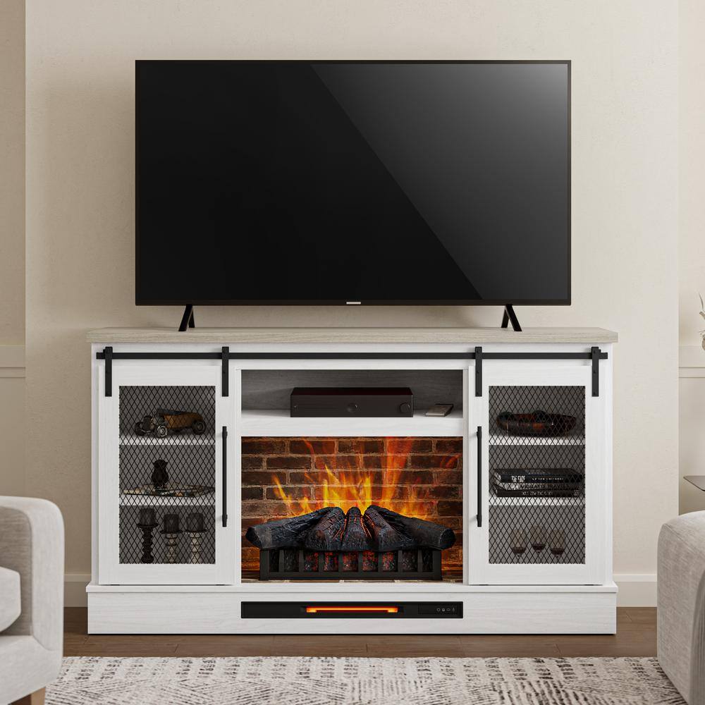 Home Decorators Collection Bramble 63 in. Freestanding Electric Fireplace TV Stand w Sliding Mesh Barn Door in White w Washed Blonde Walnut Top 1361FM-26-352