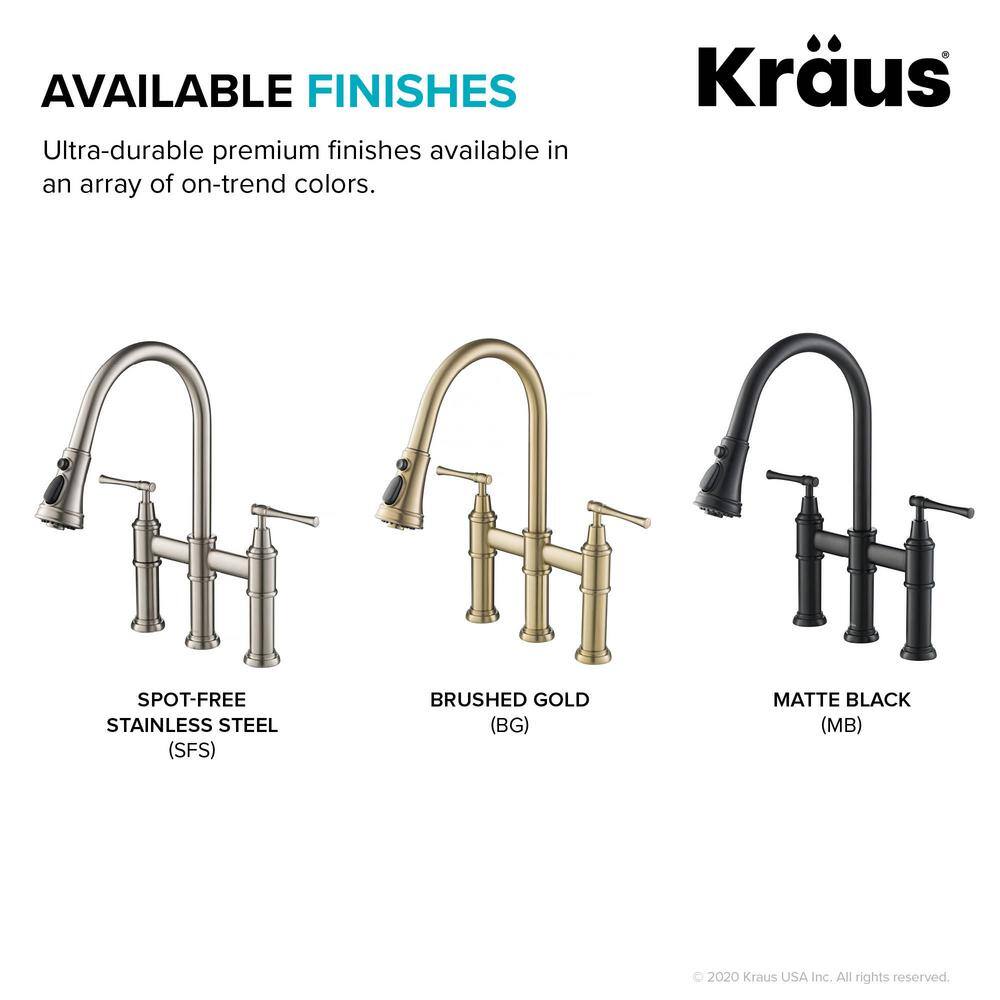 KRAUS Allyn Double Handle Transitional Bridge Kitchen Faucet with Pull-Down Sprayhead in Spot Free Stainless Steel KPF-3121SFS