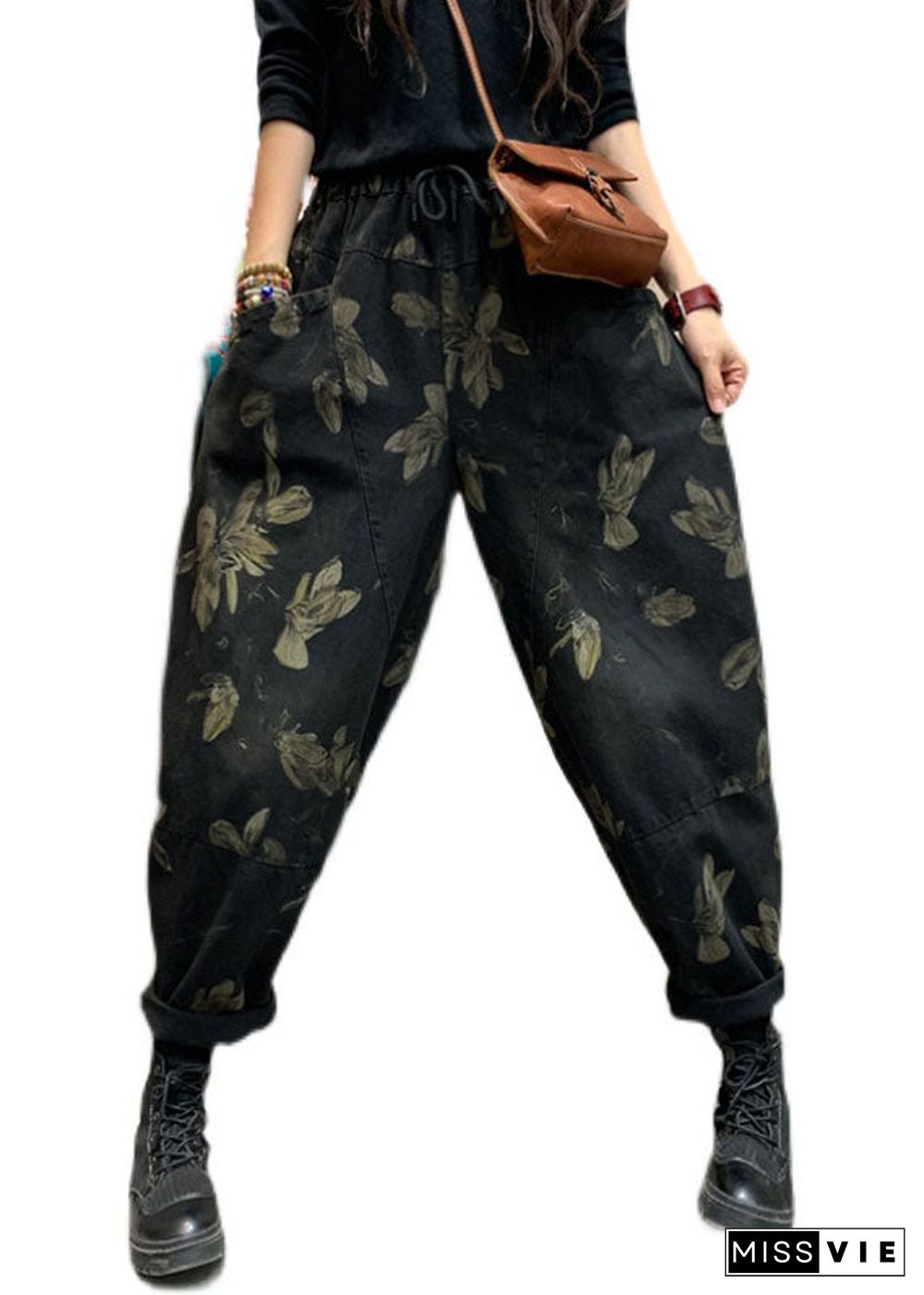 Classy Black Cinched Print denim harem Pants Winter