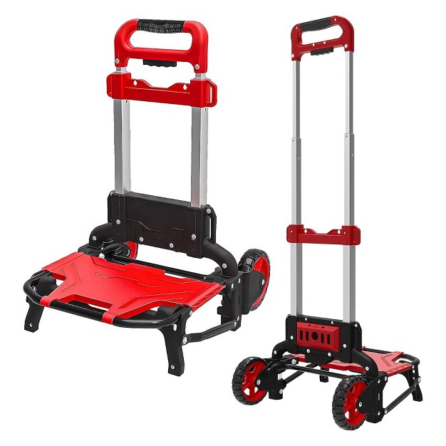 Magna Cart Durable 150 Pound Weight Capacity Foldable Hand Truck Utility Shopping Cart With Wheels And Bungee Cord To Secure Heavy Loads Black red