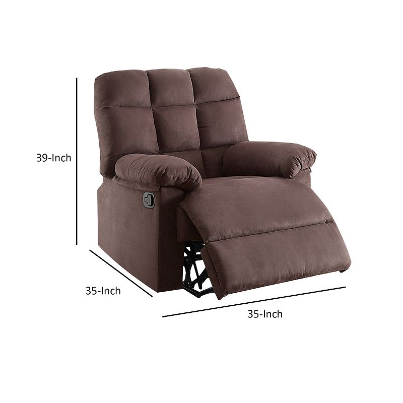 Plush Cushioned Recliner With Tufted Back And Roll Arms In Brown