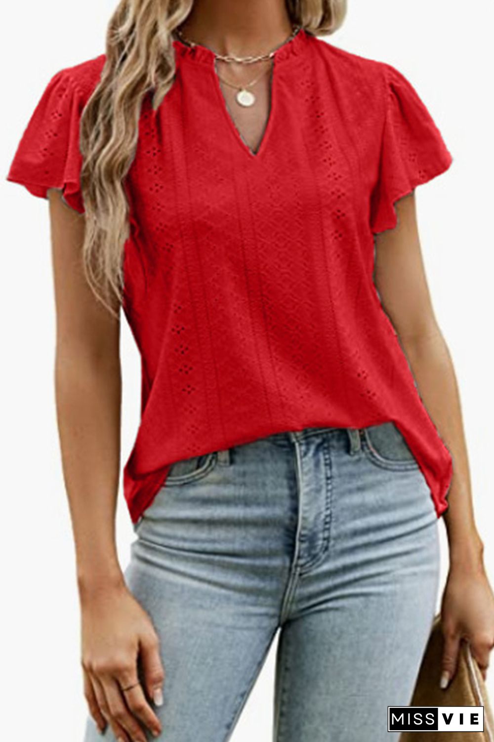 Eyelet Pattern Frilled Split Collar Ruffles Sleeves Tee