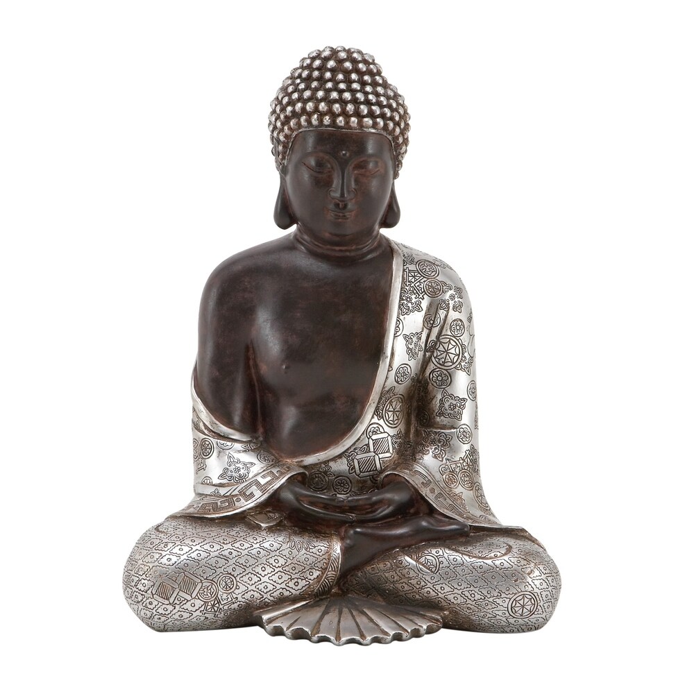 Silver Polystone Bohemian Buddha Sculpture with Engraved Carvings and Relief Detailing   9 x 5 x 11