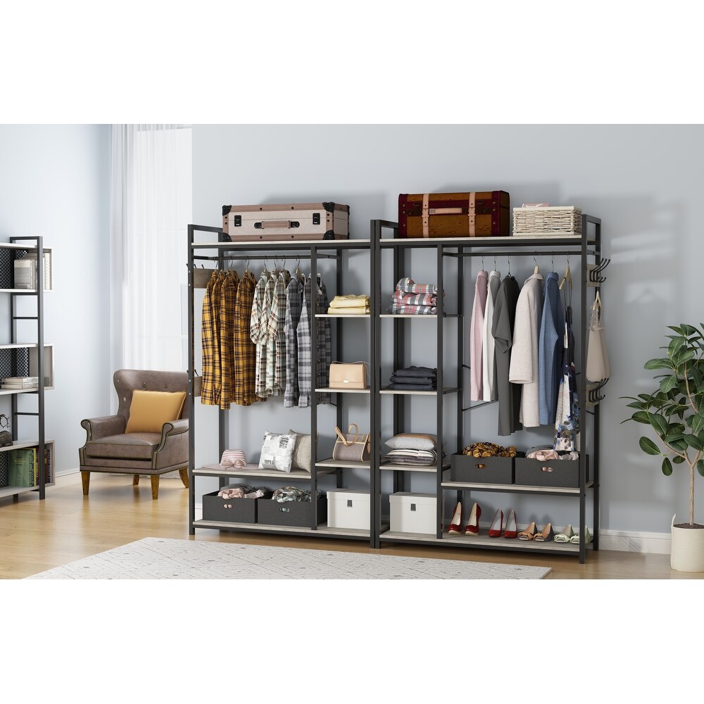 Free Standing Closet Organizer  Portable Garment Rack with Open Shelves and Hanging Rod  Black Metal Frame