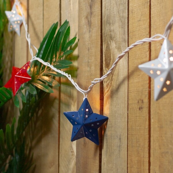 10 Red White Blue Metal Star 4th of July Patio Christmas Lights