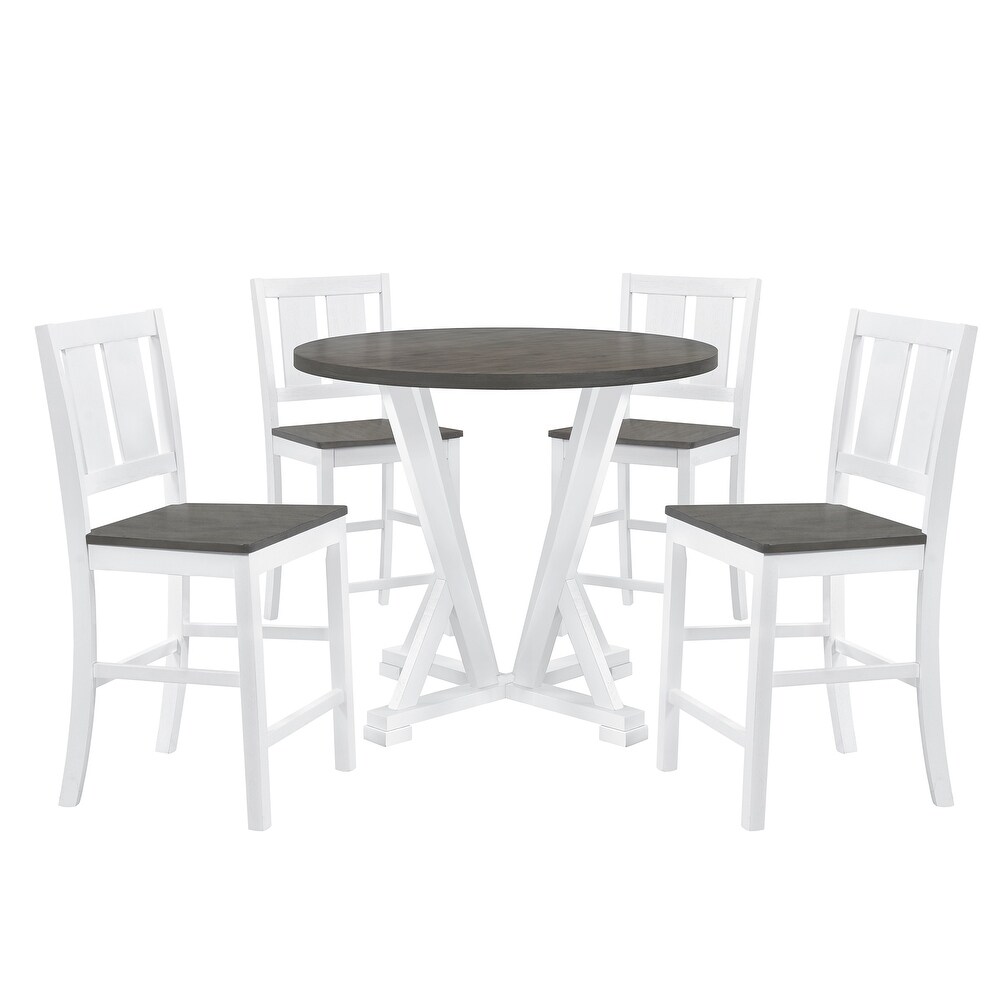 5 Pcs Counter Height Dining 41.7inch Round Table Set  Round Kitchen Set with 4 Slatted Back Dining Chairs